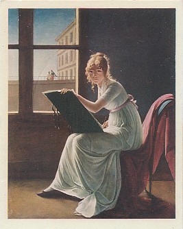 Featured is a postcard image of the painting entitled "Mlle. Charlotte du Val D'Ognes" by the French artist Constance Marie Charpentier (early 19th century) ... currently in the collection of The (NY) Metropolitan Museum of Art as part of the Mr. and Mrs. Isaac D. Fletcher Collection.  The painting, with its art related theme, depicts a charming scene of a young woman drawing in her folio. The original unused postcard is for sale in The unltd.com Store.